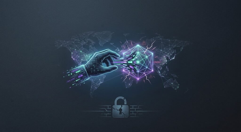 يد رقمية تخترق قفلاً فوق خريطة العالم، رمزاً للجرائم الإلكترونية